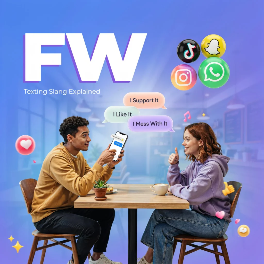 FW meaning in chat featured image showing a young man reading a smartphone message that says “I fw your playlist” while chatting with a friend. The image illustrates the texting slang FW, which commonly means liking, supporting, or enjoying something on Snapchat, TikTok, Instagram, and WhatsApp.