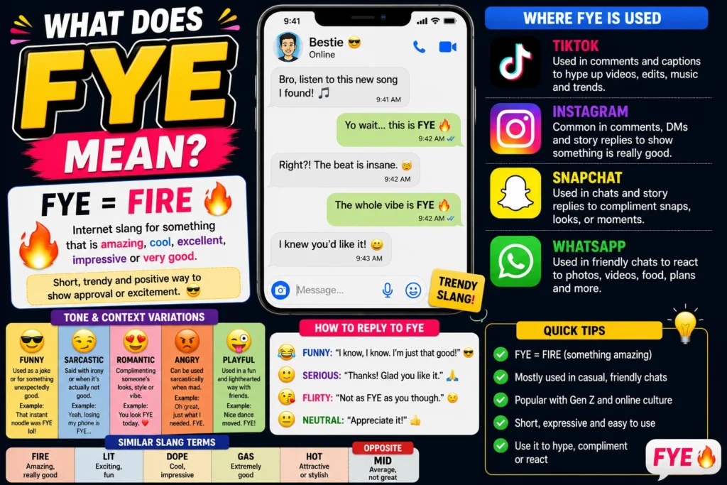 What Does FYE Mean infographic featuring a smartphone text conversation, explanation that FYE means “fire,” examples of slang usage on TikTok, Instagram, Snapchat, and WhatsApp, tone variations, reply examples, similar slang terms, and quick tips for understanding the popular internet slang expression FYE.