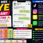 What Does FYE Mean infographic featuring a smartphone text conversation, explanation that FYE means “fire,” examples of slang usage on TikTok, Instagram, Snapchat, and WhatsApp, tone variations, reply examples, similar slang terms, and quick tips for understanding the popular internet slang expression FYE.