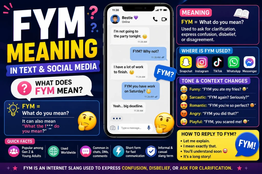 Featured image explaining FYM meaning in text and social media. The infographic shows a smartphone chat example, defines FYM as "What do you mean?" and its slang variation, highlights usage on Snapchat, Instagram, TikTok, WhatsApp, and Messenger, and explains how tone and context affect its meaning.