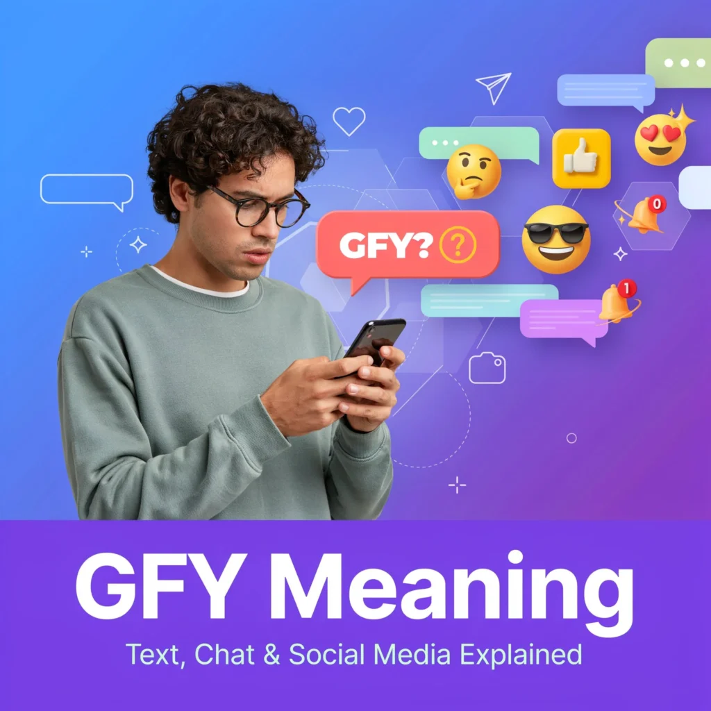 Featured image for "GFY Meaning" showing a young man with curly hair and glasses looking confused while reading a smartphone message. A large chat bubble displays "GFY?" surrounded by emojis, notifications, social media icons, and messaging graphics on a blue-to-purple gradient background. Bold text reads "GFY Meaning – Text, Chat & Social Media Explained," representing internet slang, texting abbreviations, and digital communication.