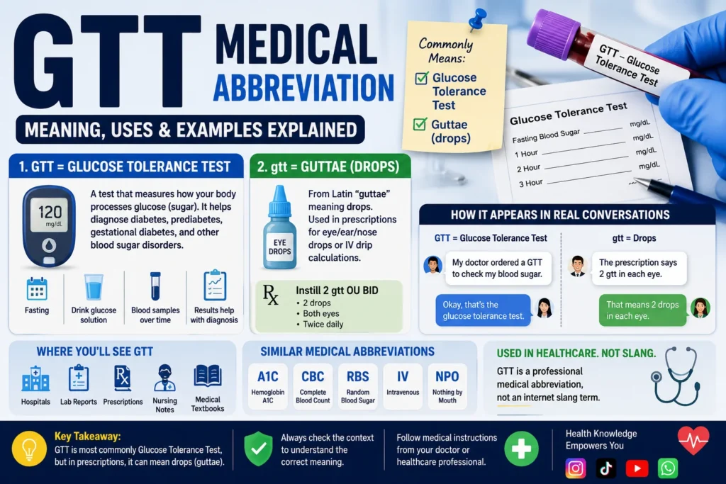 Infographic explaining the GTT medical abbreviation, showing that GTT commonly means Glucose Tolerance Test and can also mean guttae (drops), with examples of diabetes testing, prescription eye drops, healthcare conversations, lab reports, and medical abbreviations used in hospitals and nursing settings.