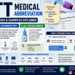 Infographic explaining the GTT medical abbreviation, showing that GTT commonly means Glucose Tolerance Test and can also mean guttae (drops), with examples of diabetes testing, prescription eye drops, healthcare conversations, lab reports, and medical abbreviations used in hospitals and nursing settings.