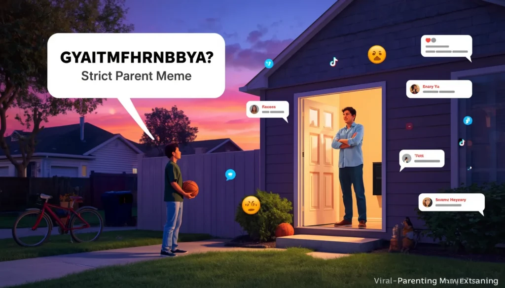 GYAITMFHRNBIBYA meaning featured image showing a surprised teenager outside at sunset looking toward a house while a strict-looking parent stands in the doorway. The image represents the viral TikTok parenting meme acronym GYAITMFHRNBIBYA, often used as nostalgic internet slang referencing strict childhood rules and humorous generational parenting memories.