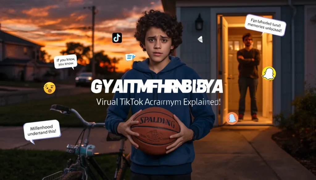 GYAITMFHRNBIBYA featured image showing a teenage boy holding a basketball outside at sunset with a bicycle beside him, while a parent stands in a brightly lit doorway in the background. Social media icons and chat bubbles surround the scene, illustrating the viral acronym GYAITMFHRNBIBYA and its connection to nostalgic childhood memories, strict parenting jokes, TikTok trends, and internet slang culture.