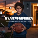 GYAITMFHRNBIBYA featured image showing a teenage boy holding a basketball outside at sunset with a bicycle beside him, while a parent stands in a brightly lit doorway in the background. Social media icons and chat bubbles surround the scene, illustrating the viral acronym GYAITMFHRNBIBYA and its connection to nostalgic childhood memories, strict parenting jokes, TikTok trends, and internet slang culture.