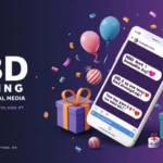 Featured image for an HBD meaning article showing bold text reading "HBD Meaning in Text & Social Media" alongside a smartphone displaying birthday messages, colorful balloons, gift boxes, confetti, and celebration-themed graphics representing the abbreviation HBD for "Happy Birthday."