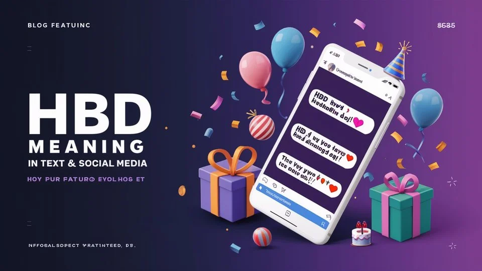 Featured image for an HBD meaning article showing bold text reading "HBD Meaning in Text & Social Media" alongside a smartphone displaying birthday messages, colorful balloons, gift boxes, confetti, and celebration-themed graphics representing the abbreviation HBD for "Happy Birthday."