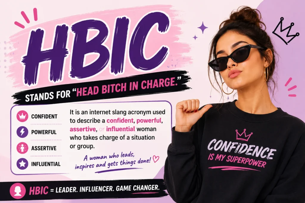 Colorful featured image explaining the HBIC meaning (Head Bitch In Charge), showing a confident woman alongside a simple definition of the internet slang acronym used in text messages, TikTok, Snapchat, Instagram, and online conversations.