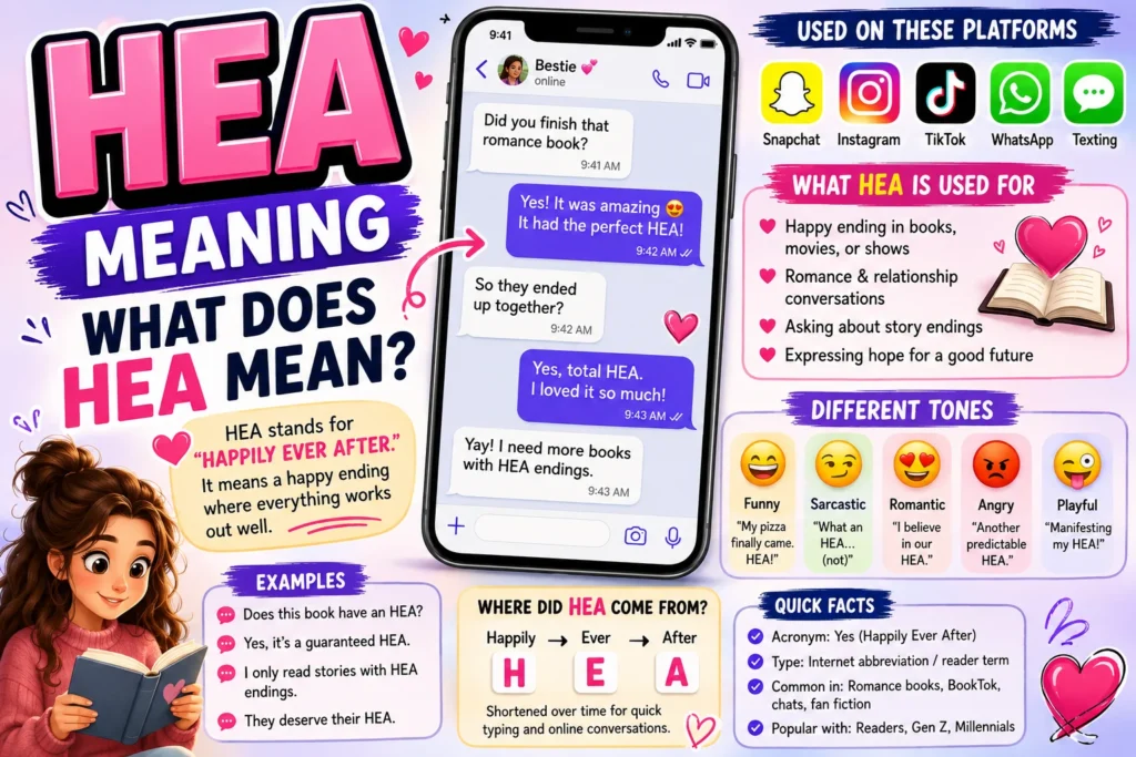 "HEA meaning infographic explaining that HEA stands for 'Happily Ever After.' The featured image includes a smartphone chat example, romance-themed illustrations, hearts, social media platform icons for Snapchat, Instagram, TikTok, and WhatsApp, plus explanations of HEA usage in books, relationships, texting, and online conversations.