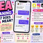 "HEA meaning infographic explaining that HEA stands for 'Happily Ever After.' The featured image includes a smartphone chat example, romance-themed illustrations, hearts, social media platform icons for Snapchat, Instagram, TikTok, and WhatsApp, plus explanations of HEA usage in books, relationships, texting, and online conversations.