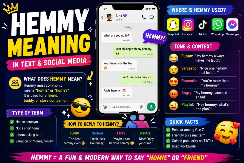 Featured image explaining hemmy meaning in text and social media. The infographic shows a smartphone chat using the word "hemmy," defines it as a slang term meaning "homie" or "friend," highlights usage on TikTok, Snapchat, Instagram, WhatsApp, and Messenger, and explains tone, context, and common replies.