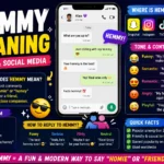 Featured image explaining hemmy meaning in text and social media. The infographic shows a smartphone chat using the word "hemmy," defines it as a slang term meaning "homie" or "friend," highlights usage on TikTok, Snapchat, Instagram, WhatsApp, and Messenger, and explains tone, context, and common replies.