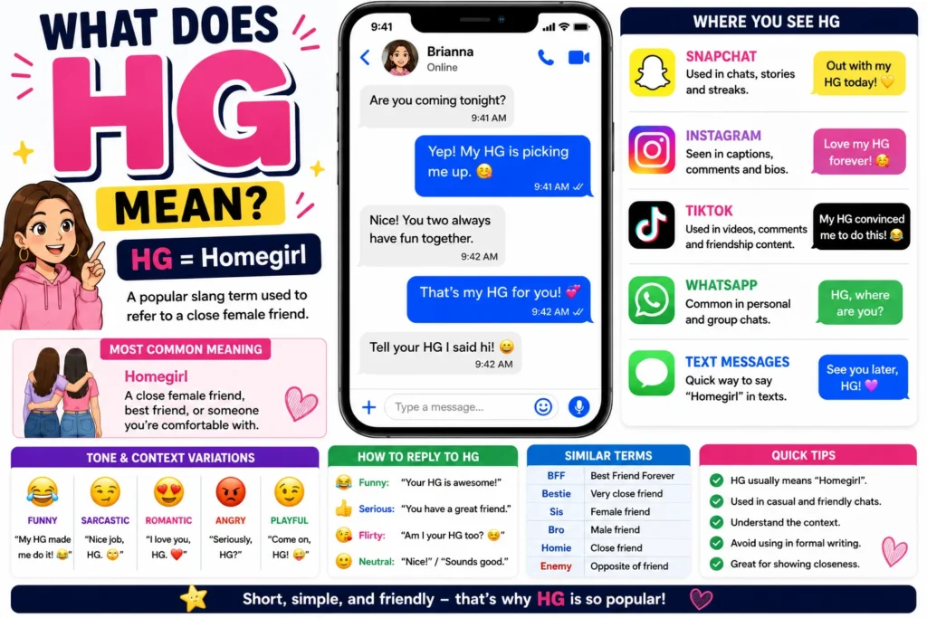 Illustrated infographic explaining the meaning of HG (Homegirl) in texting and social media, featuring a smartphone chat example, friendship-themed graphics, Snapchat, Instagram, TikTok, and WhatsApp icons, tone variations, reply suggestions, and tips on how HG is used in casual online conversations.