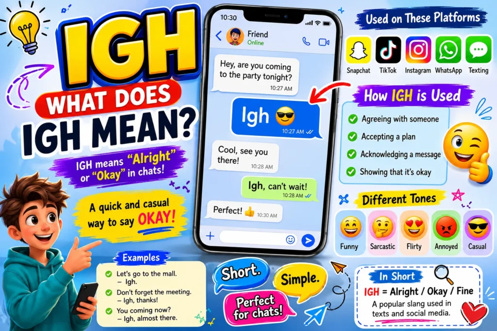"Featured image explaining the meaning of IGH in text messages and social media. The graphic shows the large text 'What Does IGH Mean?', a smartphone chat example using 'IGH,' platform icons for Snapchat, Instagram, TikTok, WhatsApp, and texting, plus explanations that IGH means 'Alright,' 'Okay,' or 'Fine.' The infographic also highlights conversation examples, tone variations, usage tips, and the origin of IGH from 'Alright → Aight → Igh.'"