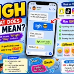 "Featured image explaining the meaning of IGH in text messages and social media. The graphic shows the large text 'What Does IGH Mean?', a smartphone chat example using 'IGH,' platform icons for Snapchat, Instagram, TikTok, WhatsApp, and texting, plus explanations that IGH means 'Alright,' 'Okay,' or 'Fine.' The infographic also highlights conversation examples, tone variations, usage tips, and the origin of IGH from 'Alright → Aight → Igh.'"