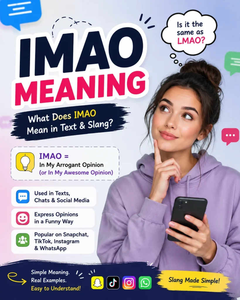 Featured image for "IMAO Meaning" showing a young woman holding a smartphone and thinking, with large text reading "IMAO Meaning." The infographic explains that IMAO stands for "In My Arrogant Opinion" and is used in text messages, chats, TikTok, Snapchat, Instagram, and WhatsApp. Colorful speech bubbles, social media icons, and internet slang graphics highlight modern digital communication and texting abbreviations.