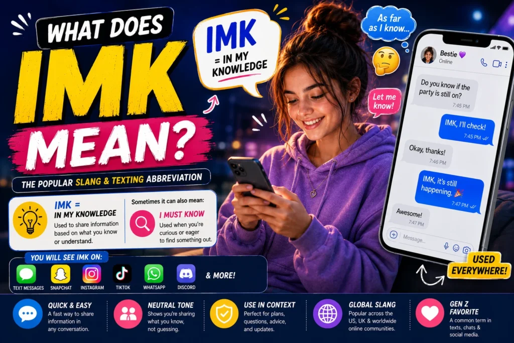 Featured image for "IMK Meaning" showing a young man with curly hair using a smartphone while colorful chat bubbles, notification icons, and messaging symbols float around him. Large bold text reads "What Does IMK Mean?" with a subtitle explaining "In My Knowledge." The design represents internet slang, texting abbreviations, Snapchat, TikTok, Instagram, WhatsApp conversations, and modern digital communication.