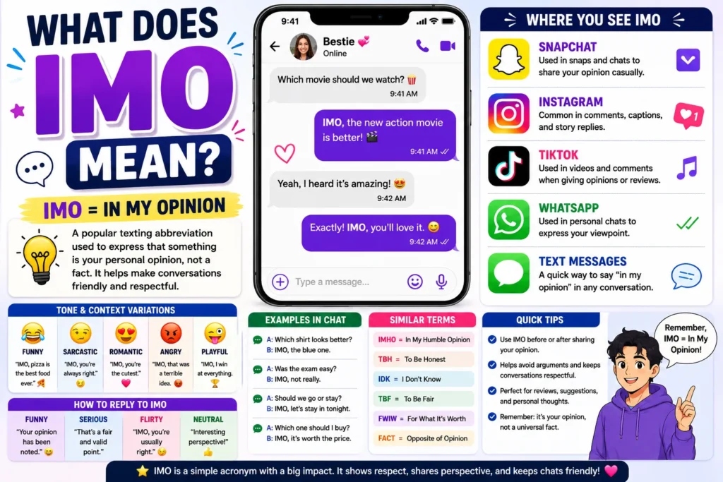 What Does IMO Mean infographic explaining IMO as “In My Opinion,” featuring texting examples, Snapchat, Instagram, TikTok, WhatsApp usage, tone variations, chat conversations, reply suggestions, similar slang terms, and tips for using IMO in online communication.