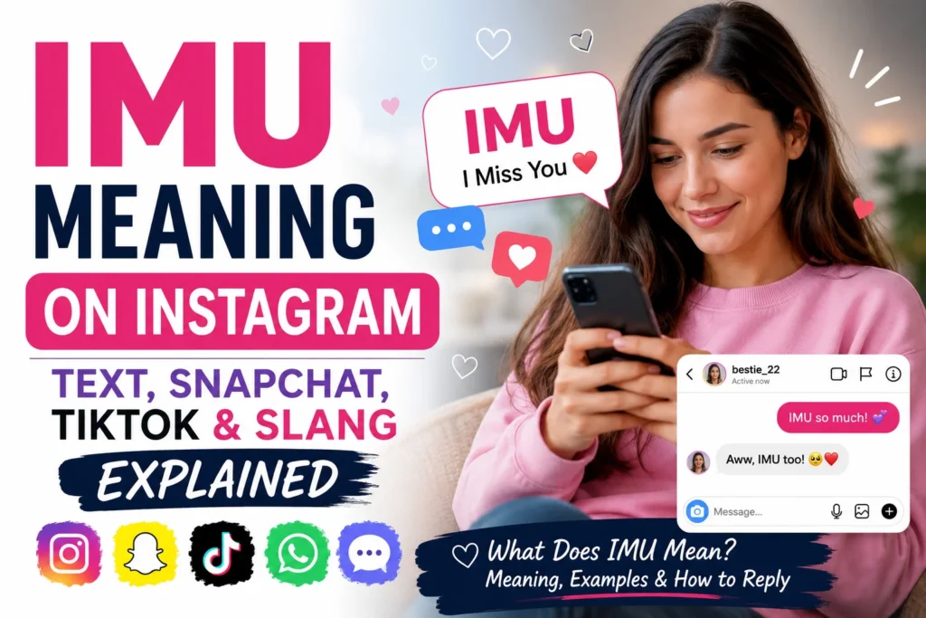 Young woman smiling while reading messages on her phone, with large text reading “IMU Meaning on Instagram” and chat bubbles showing “IMU = I Miss You.” Social media icons for Instagram, Snapchat, TikTok, and WhatsApp surround the design, illustrating the meaning of IMU in text messages, social media chats, and online slang conversations.