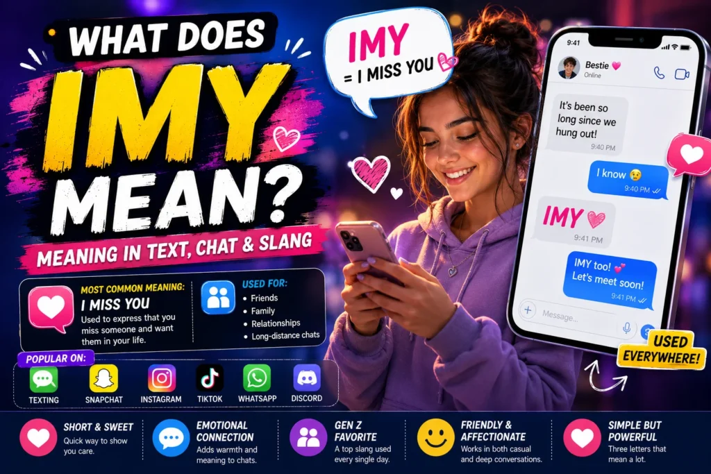 Featured image for "What Does IMY Mean?" showing a smiling young person texting on a smartphone with colorful chat bubbles, heart icons, and a messaging screen displaying "IMY." Large headline text reads "What Does IMY Mean?" with the explanation "I Miss You." The image represents the popular texting abbreviation used on Snapchat, TikTok, Instagram, WhatsApp, Discord, and text messages to express affection, friendship, and emotional connection in digital communication.