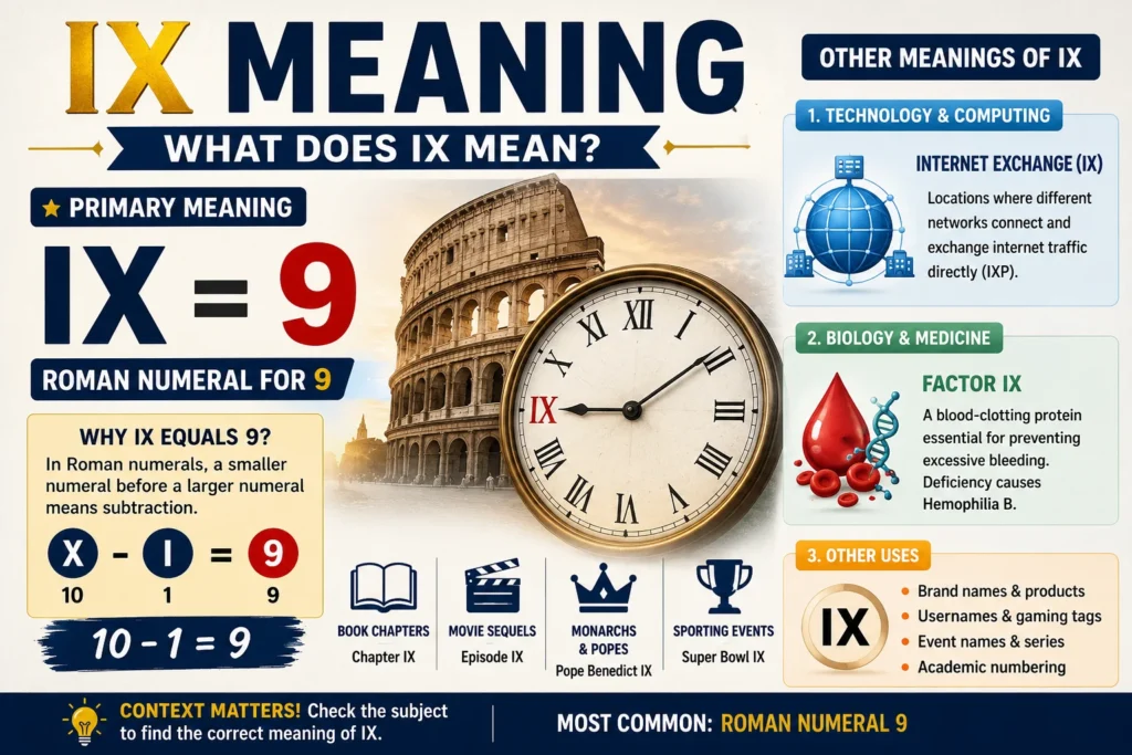 IX Meaning infographic showing that IX is the Roman numeral for 9, with a Roman clock displaying IX, explanation of why IX equals 9 (10 minus 1), examples from book chapters, movie sequels, monarchs, and sporting events, plus secondary meanings including Internet Exchange (IX) in technology and Factor IX in medicine.