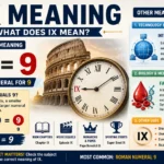 IX Meaning infographic showing that IX is the Roman numeral for 9, with a Roman clock displaying IX, explanation of why IX equals 9 (10 minus 1), examples from book chapters, movie sequels, monarchs, and sporting events, plus secondary meanings including Internet Exchange (IX) in technology and Factor IX in medicine.