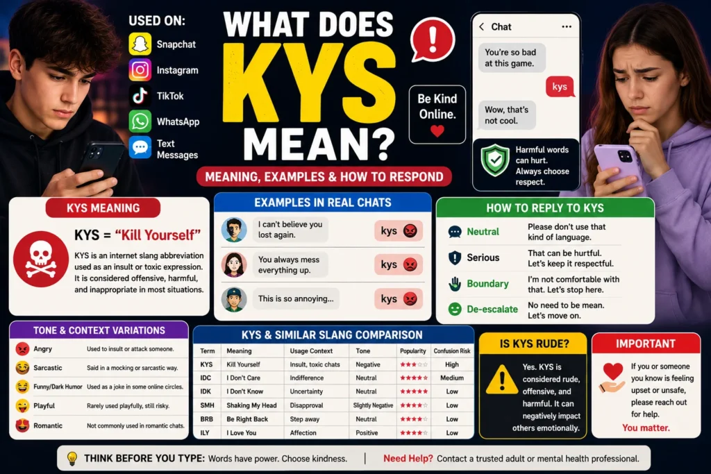 Featured image explaining the meaning of KYS in online text conversations, showing diverse Gen Z and social media users with smartphones, chat message bubbles, warning and awareness icons, and a large headline reading “KYS Meaning.” The infographic visually explains what KYS means in texting, Snapchat, TikTok, Instagram, and online chats,