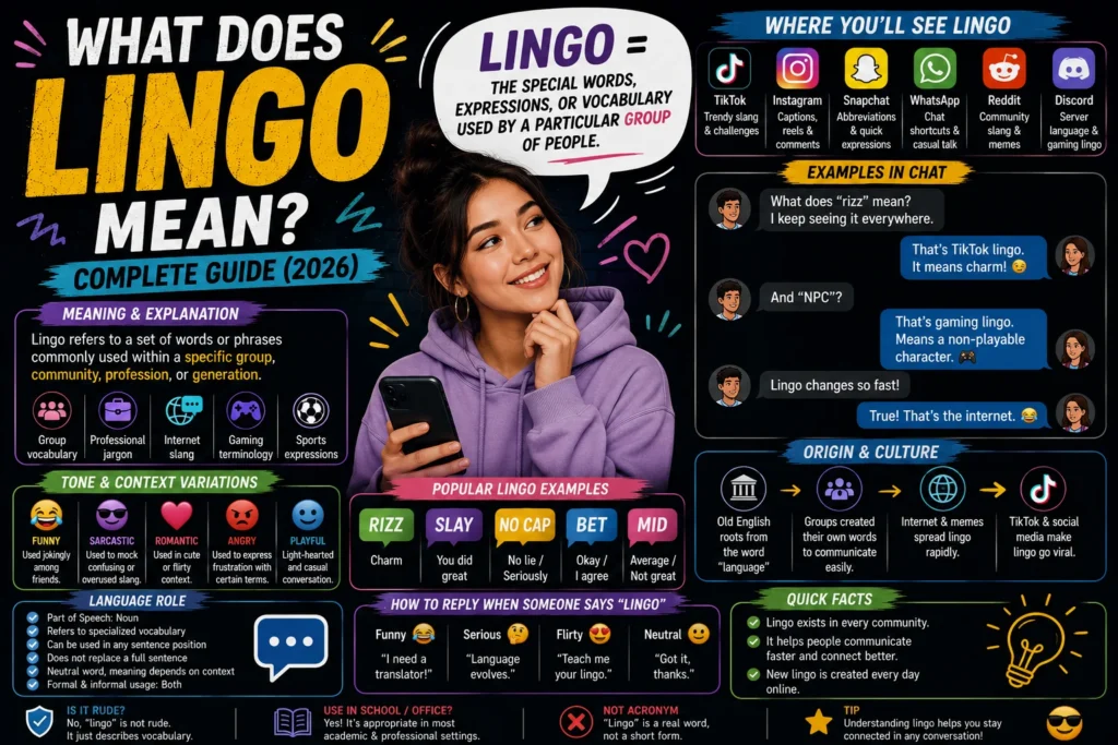 Illustration explaining the meaning of “lingo” with a young woman holding a smartphone, surrounded by social media icons, chat examples, internet slang terms, and colorful sections covering definitions, usage, origins, and examples of modern online vocabulary across TikTok, Instagram, Snapchat, WhatsApp, Reddit, and Discord.