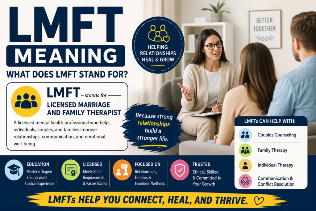 Professional featured image illustrating the meaning of LMFT (Licensed Marriage and Family Therapist), featuring a modern therapy office, counselor and clients in a supportive session, relationship counseling icons, and educational text about mental health, marriage counseling, family therapy, and therapist credentials.