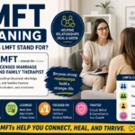 Professional featured image illustrating the meaning of LMFT (Licensed Marriage and Family Therapist), featuring a modern therapy office, counselor and clients in a supportive session, relationship counseling icons, and educational text about mental health, marriage counseling, family therapy, and therapist credentials.