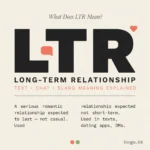 Minimalist infographic featuring the acronym LTR in large bold letters with the definition “Long-Term Relationship.” The graphic explains that LTR refers to a serious romantic relationship intended to last and is commonly used in texting, online dating, chats, and social media messages.