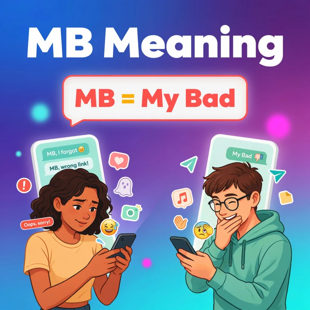 Featured image explaining the meaning of MB in text messaging, featuring two diverse young adults using smartphones against a colorful blue and purple gradient background. Large headline reads “MB Meaning” with a central speech bubble displaying “MB = My Bad.” Text message examples such as “MB, I forgot 😊” and “MB, wrong link!” appear on mobile screens, alongside emojis, chat icons, social media symbols, and apology-themed graphics.