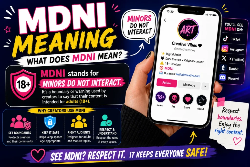 MDNI meaning infographic featuring a social media profile with an 18+ warning, explaining that MDNI stands for “Minors Do Not Interact,” along with icons representing TikTok, Instagram, X (Twitter), Tumblr, and Discord, highlighting online safety, creator boundaries, mature content guidelines, and age-appropriate internet interactions.
