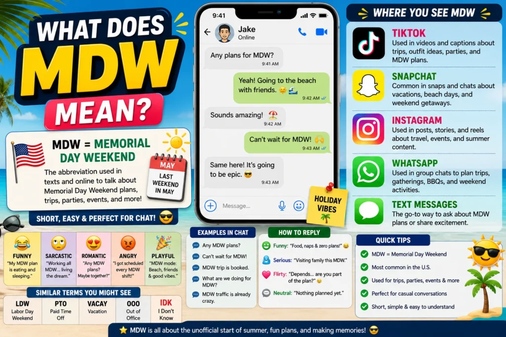 What Does MDW Mean infographic showing the meaning of MDW (Memorial Day Weekend) with a smartphone chat example, social media platform icons, holiday planning tips, texting examples, and summer-themed visuals including a beach, palm trees, sunshine, and travel elements.