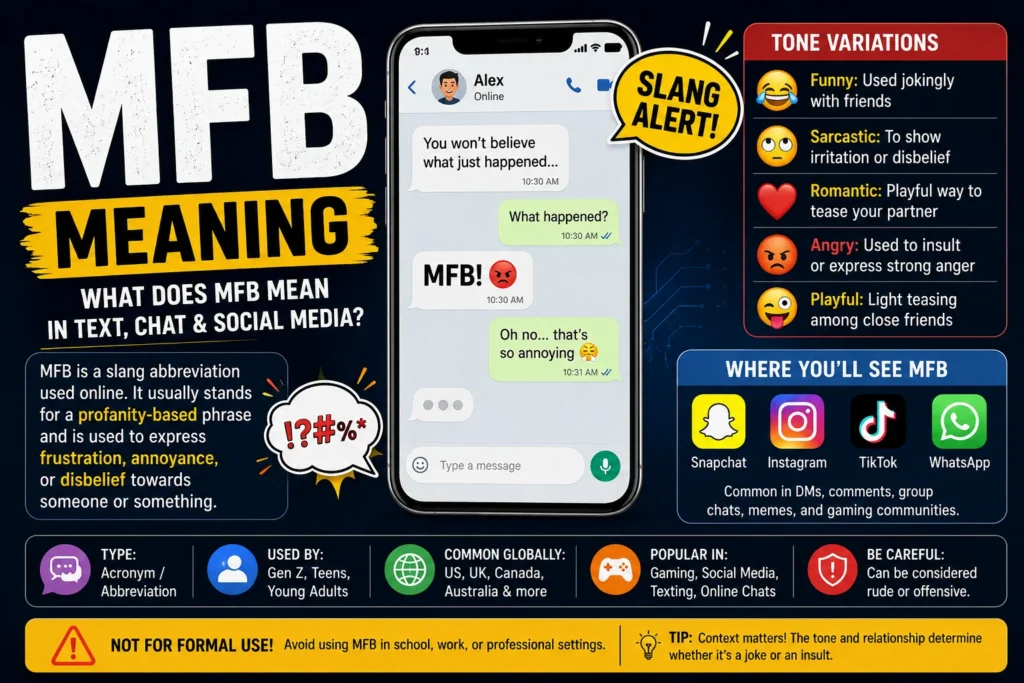 MFB meaning infographic featuring a smartphone chat screen, social media icons, and bold text explaining what MFB means in texting, Snapchat, Instagram, TikTok, and WhatsApp. The graphic highlights tone variations such as funny, sarcastic, playful, romantic, and angry, while explaining that MFB is an internet slang abbreviation commonly used to express frustration, annoyance, or disbelief in online conversations.