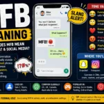 MFB meaning infographic featuring a smartphone chat screen, social media icons, and bold text explaining what MFB means in texting, Snapchat, Instagram, TikTok, and WhatsApp. The graphic highlights tone variations such as funny, sarcastic, playful, romantic, and angry, while explaining that MFB is an internet slang abbreviation commonly used to express frustration, annoyance, or disbelief in online conversations.