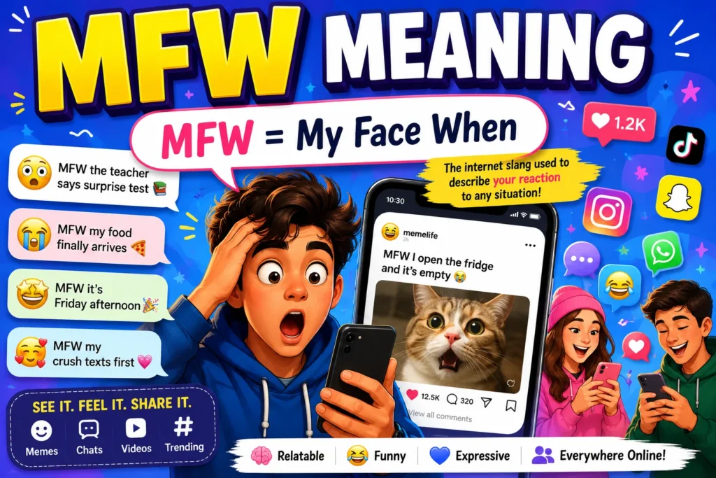 Colorful featured image explaining MFW meaning (My Face When) with a surprised Gen Z boy holding a smartphone, showing a shocked facial expression that represents a reaction to a situation. The image includes social media elements, meme-style chat examples, emojis, TikTok, Snapchat, Instagram, and WhatsApp icons, plus the text “MFW = My Face When” to illustrate how the popular internet slang is used in texting, memes, and online conversations.