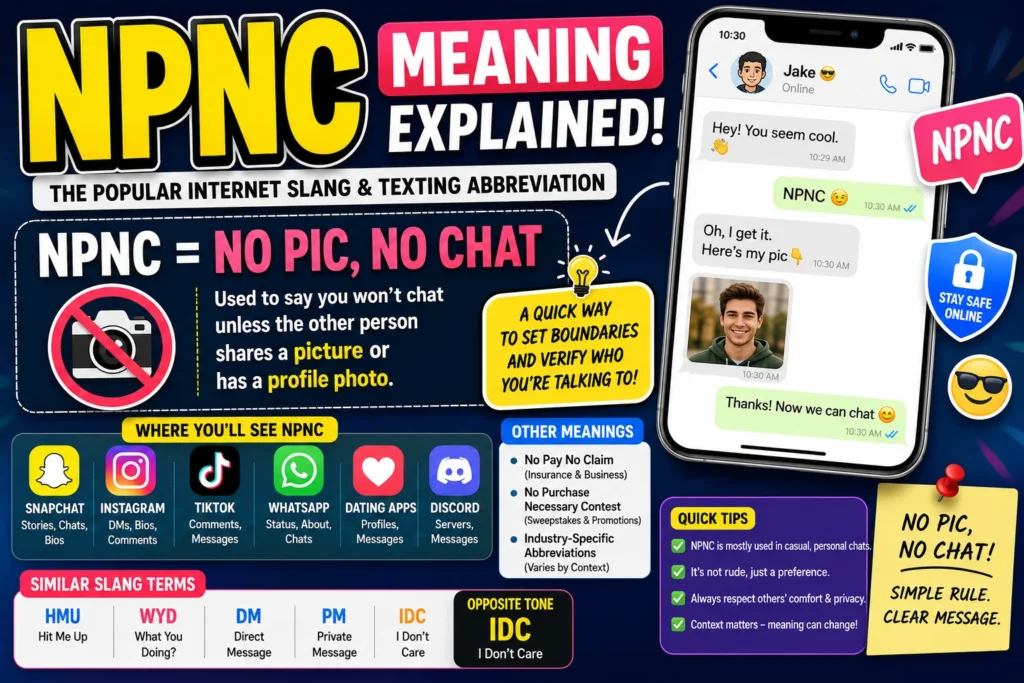 NPNC meaning infographic showing the texting abbreviation “NPNC” meaning “No Pic, No Chat,” with Gen Z smartphone users, chat message examples, Snapchat, Instagram, TikTok, WhatsApp, Discord, and dating app icons, plus tips explaining how the slang is used in social media conversations and online messaging.