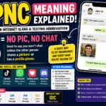 NPNC meaning infographic showing the texting abbreviation “NPNC” meaning “No Pic, No Chat,” with Gen Z smartphone users, chat message examples, Snapchat, Instagram, TikTok, WhatsApp, Discord, and dating app icons, plus tips explaining how the slang is used in social media conversations and online messaging.