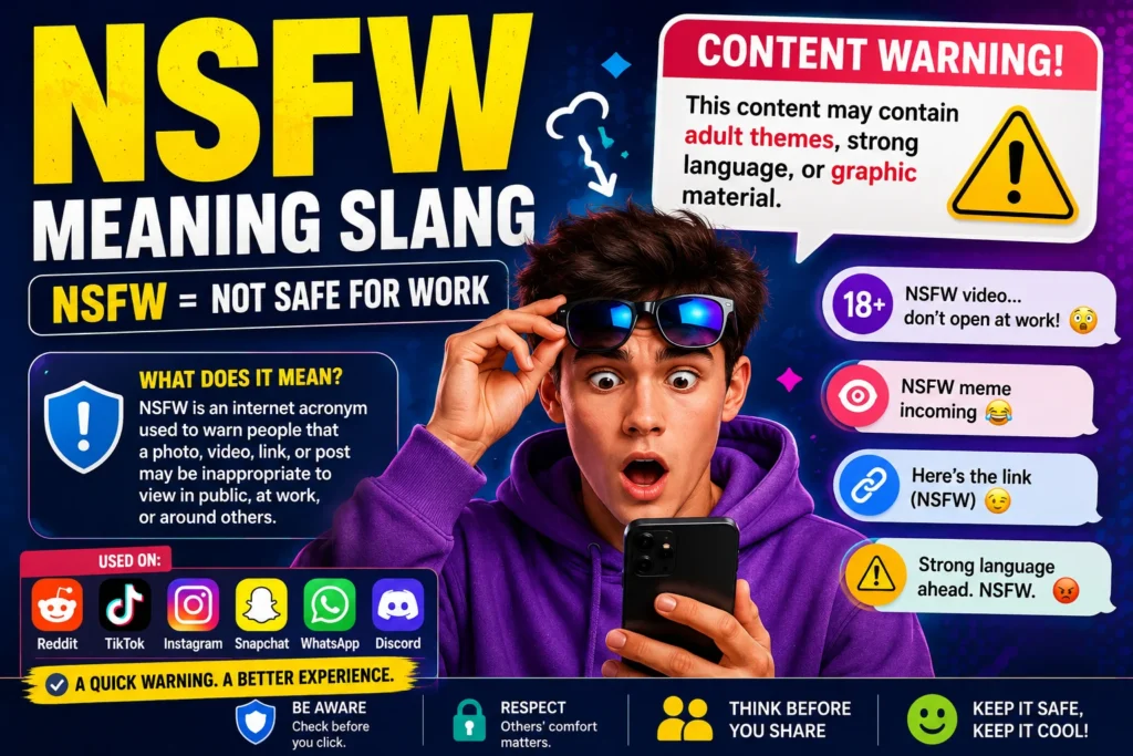 NSFW meaning slang featured image showing a surprised young person looking at a smartphone, with bold text explaining “NSFW = Not Safe For Work.” The image includes content warning signs, social media icons, chat message examples, and colorful graphics illustrating how NSFW is used on TikTok, Instagram, Snapchat, WhatsApp, Reddit, and online conversations.