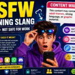 NSFW meaning slang featured image showing a surprised young person looking at a smartphone, with bold text explaining “NSFW = Not Safe For Work.” The image includes content warning signs, social media icons, chat message examples, and colorful graphics illustrating how NSFW is used on TikTok, Instagram, Snapchat, WhatsApp, Reddit, and online conversations.