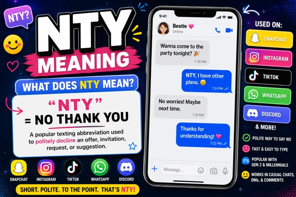 "Colorful featured image explaining NTY meaning in text messages and social media. A smartphone chat screen displays 'NTY = No Thank You' with messaging icons, speech bubbles, and social media symbols representing Snapchat, TikTok, Instagram, WhatsApp, and online conversations."