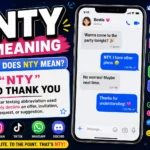 "Colorful featured image explaining NTY meaning in text messages and social media. A smartphone chat screen displays 'NTY = No Thank You' with messaging icons, speech bubbles, and social media symbols representing Snapchat, TikTok, Instagram, WhatsApp, and online conversations."