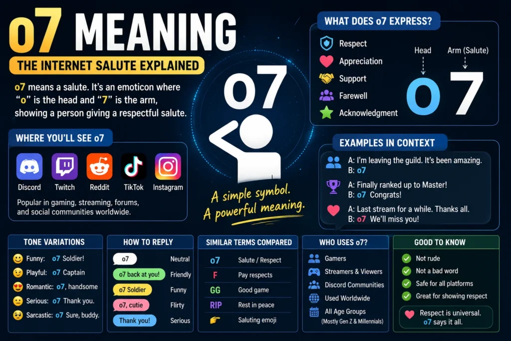 "Featured image illustrating the meaning of o7, the internet salute emoticon. The design shows a stylized saluting figure formed by the characters 'o' and '7', alongside explanations of how o7 is used to express respect, appreciation, support, farewell, and acknowledgment in Discord, Twitch, Reddit, TikTok, Instagram, and gaming communities."