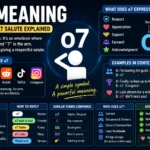 "Featured image illustrating the meaning of o7, the internet salute emoticon. The design shows a stylized saluting figure formed by the characters 'o' and '7', alongside explanations of how o7 is used to express respect, appreciation, support, farewell, and acknowledgment in Discord, Twitch, Reddit, TikTok, Instagram, and gaming communities."