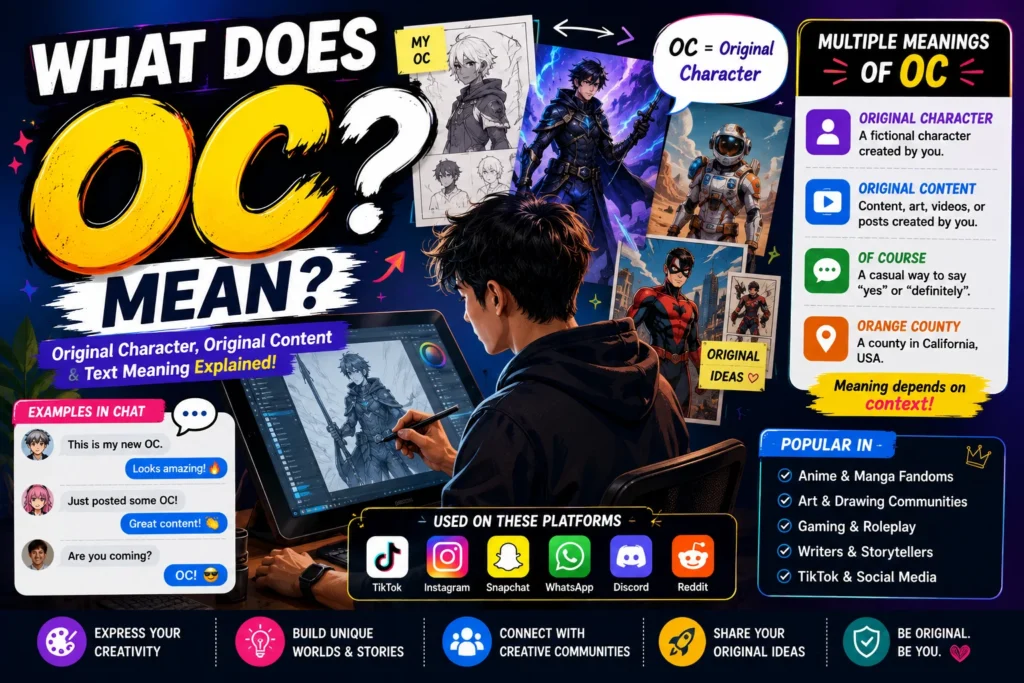 Featured image for "OC Meaning: What Does OC Mean in Text, TikTok, Snapchat & Slang?" showing a young male digital artist creating original characters on a drawing tablet surrounded by fantasy, anime, superhero, and sci-fi character designs. The infographic explains multiple meanings of OC, including Original Character, Original Content, and Of Course, with examples from TikTok, Instagram, Snapchat, Discord, Reddit, and online creative communities.