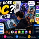 Featured image for "OC Meaning: What Does OC Mean in Text, TikTok, Snapchat & Slang?" showing a young male digital artist creating original characters on a drawing tablet surrounded by fantasy, anime, superhero, and sci-fi character designs. The infographic explains multiple meanings of OC, including Original Character, Original Content, and Of Course, with examples from TikTok, Instagram, Snapchat, Discord, Reddit, and online creative communities.