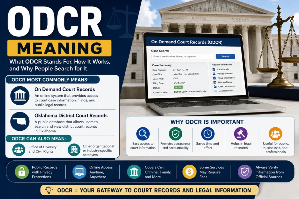 Featured image explaining ODCR meaning with a legal records theme. The infographic shows a courthouse, a laptop displaying an On Demand Court Records (ODCR) system, and sections describing what ODCR stands for, how court records work, public access benefits, legal research uses, and Oklahoma District Court Records.