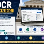 Featured image explaining ODCR meaning with a legal records theme. The infographic shows a courthouse, a laptop displaying an On Demand Court Records (ODCR) system, and sections describing what ODCR stands for, how court records work, public access benefits, legal research uses, and Oklahoma District Court Records.